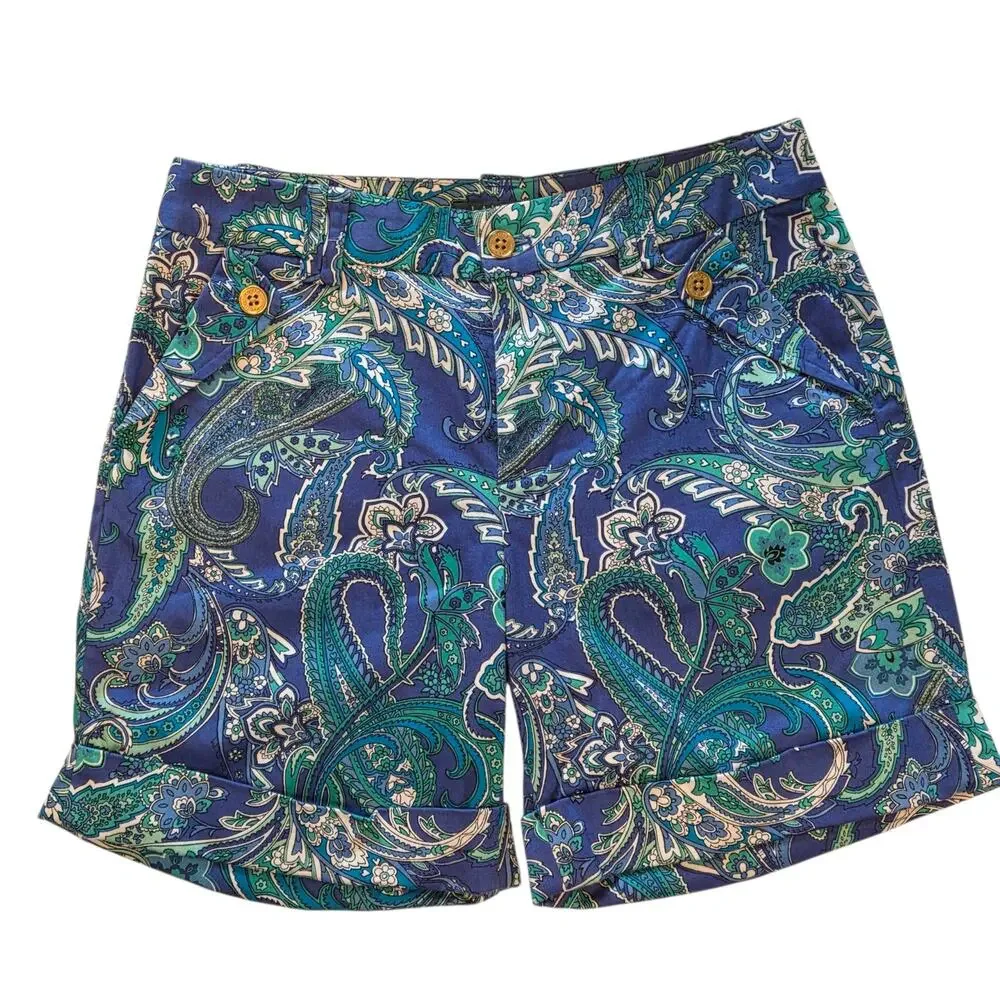 Lauren Ralph Lauren Shorts, Blue Green Paisley, Cuffed, Gold Buttons sz 4
